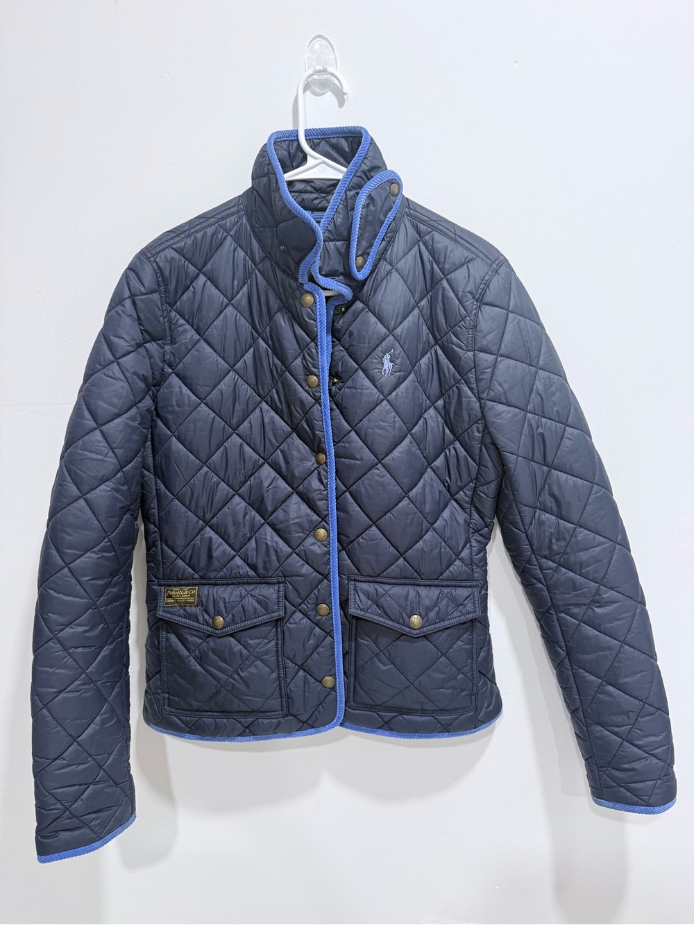 Men's Quilted Navy Jacket with Light Blue Trim - Polo Style